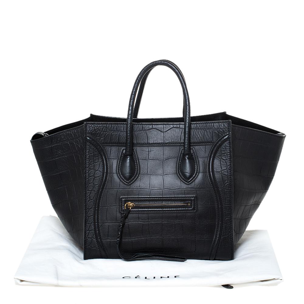 Celine Black Croc Embossed Leather Medium Phantom Luggage Tote For Sale 10