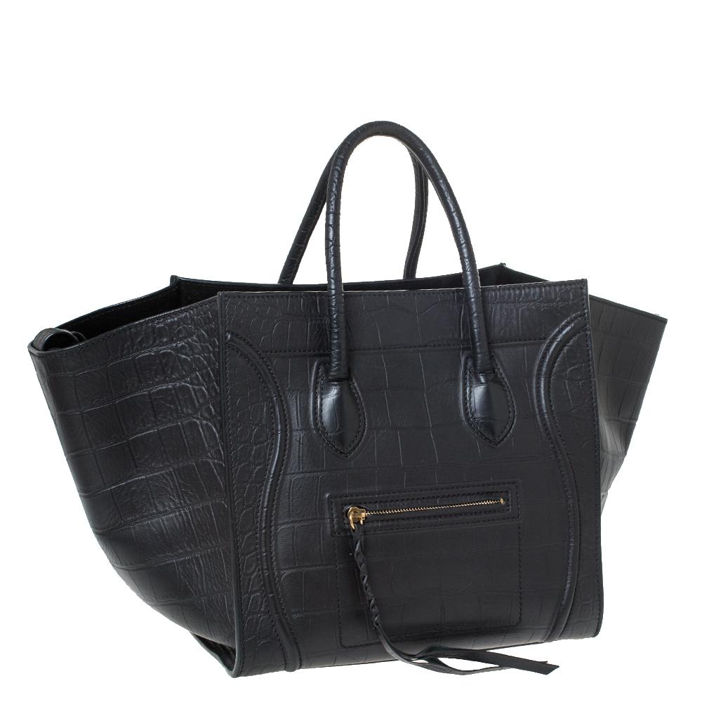 Women's Celine Black Croc Embossed Leather Medium Phantom Luggage Tote For Sale