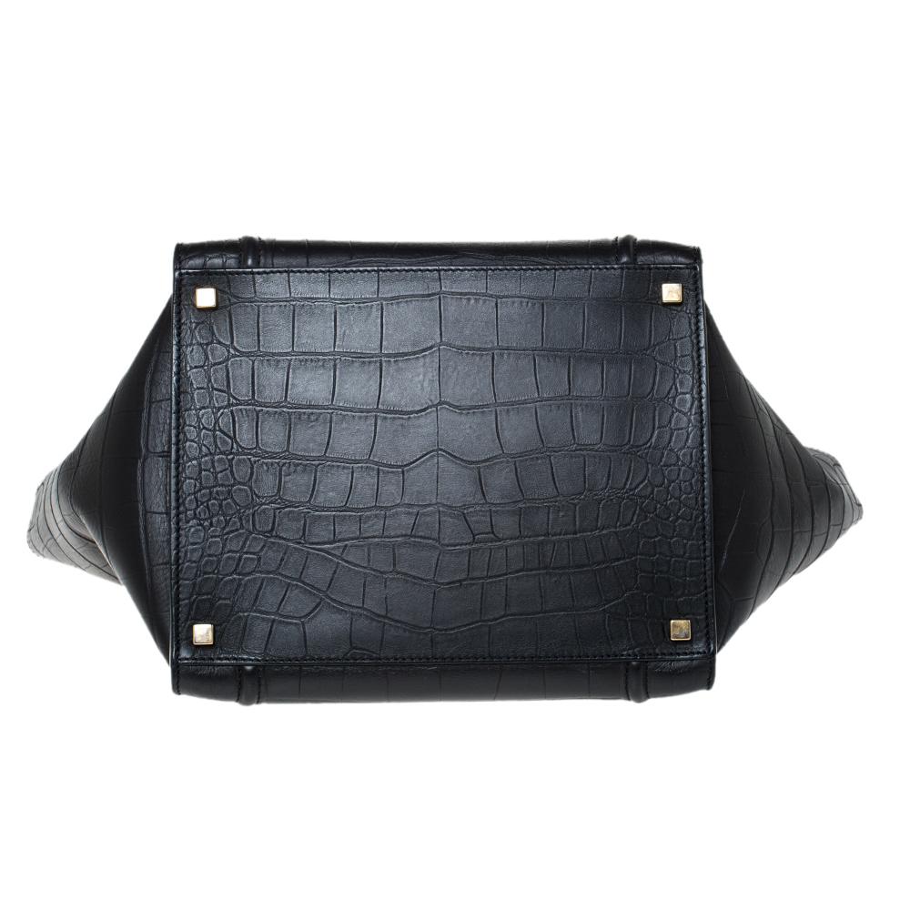 Celine Black Croc Embossed Leather Medium Phantom Luggage Tote For Sale 1