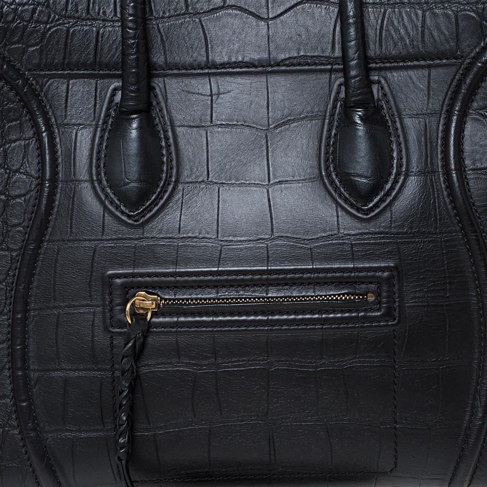 Celine Black Croc Embossed Leather Medium Phantom Luggage Tote For Sale 4