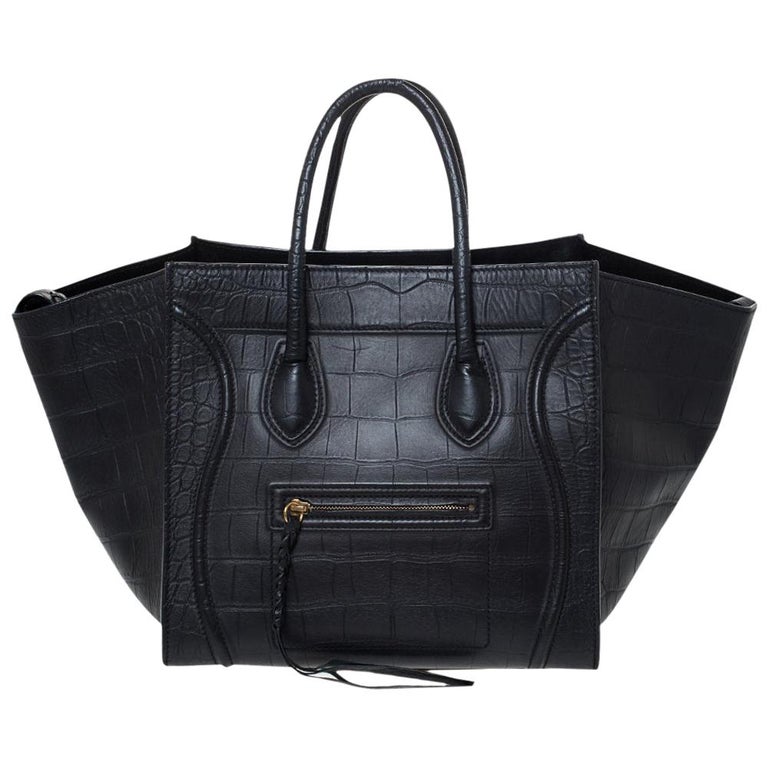 Celine Black Croc Embossed Leather Medium Phantom Luggage Tote For Sale ...