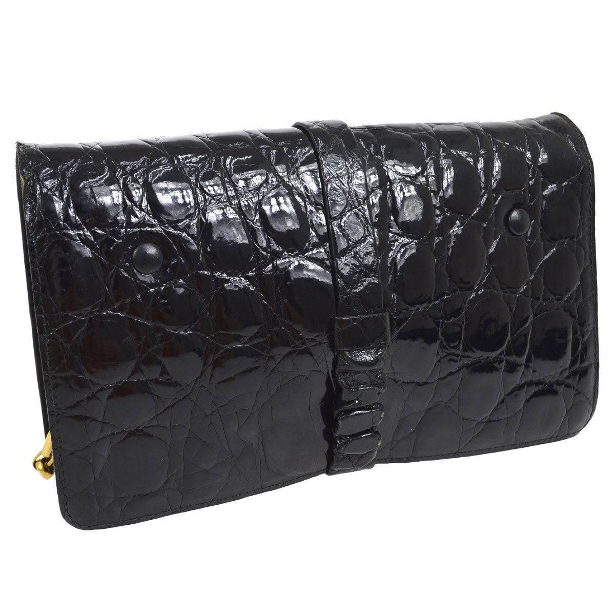 Celine Black Crocodile Leather Gold Evening 2 in 1 Clutch Shoulder Flap Bag In Excellent Condition In Chicago, IL