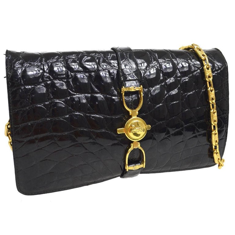 Celine Black Crocodile Leather Gold Evening 2 in 1 Clutch Shoulder Flap