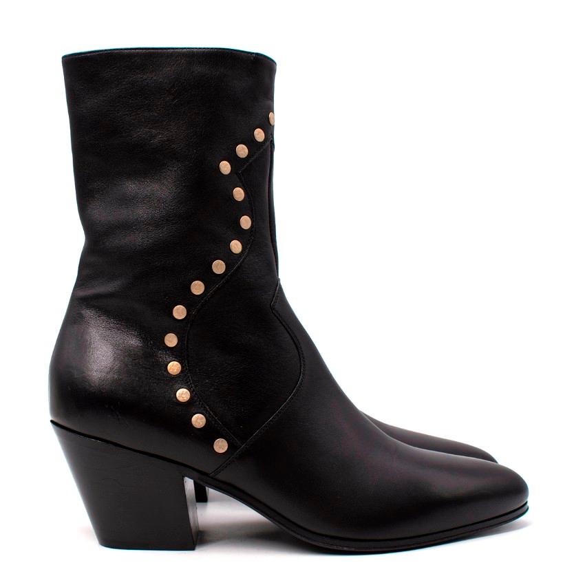 Celine Black Cubaine Calfskin Block Heeled Ankle Boot
 

 - Western style ankle boot with gold-tone metal studding detail
 - Stacked cuban heel
 -Leather insole 
 -Almond toe shape
 - Side zip
 

 Materials:
 Calfskin leather 
 

 Made in Italy
 

