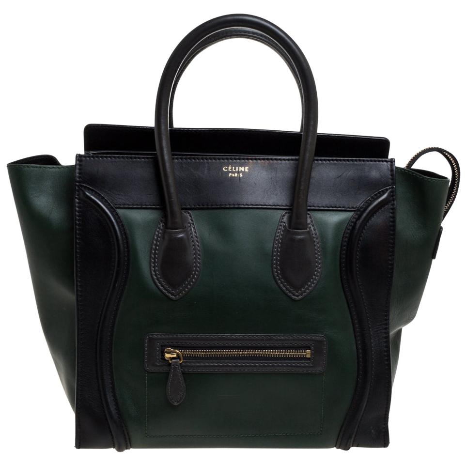 Celine Black/Dark Green Leather Mini Luggage Tote