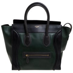 Celine Black/Dark Green Leather Mini Luggage Tote