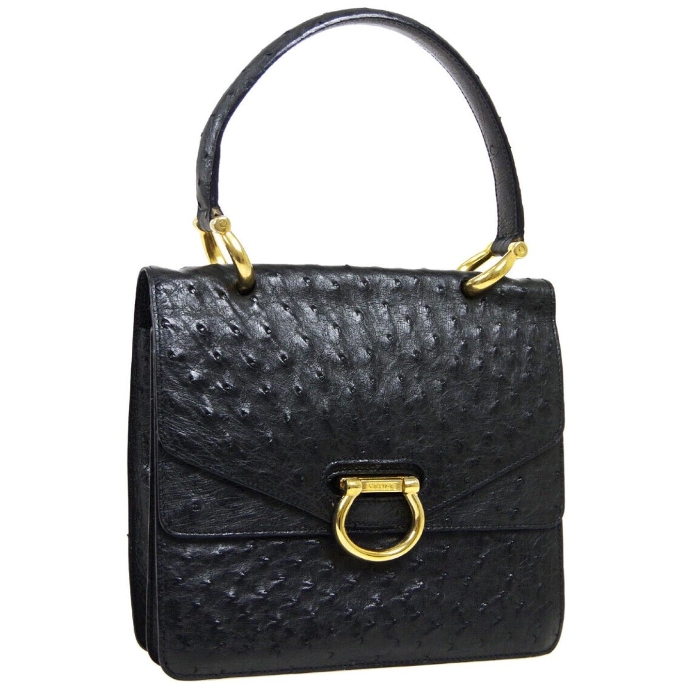 Celine Black Exotic Skin Leather Gold Kelly Style Top Handle Satchel Flap Bag