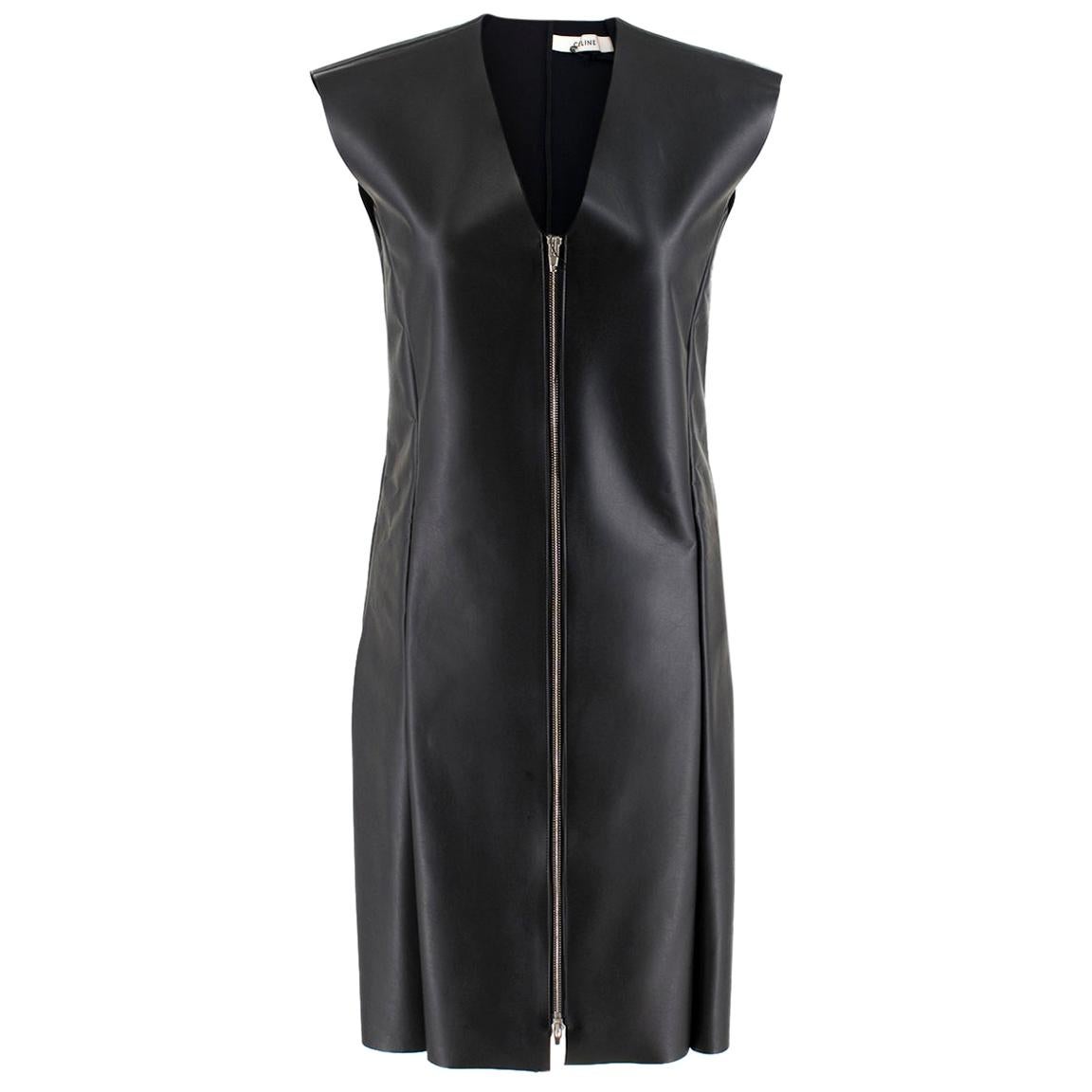 Celine Black Faux Leather Sleeveless Exposed Zip Front Dress 34/ 6 UK For Sale