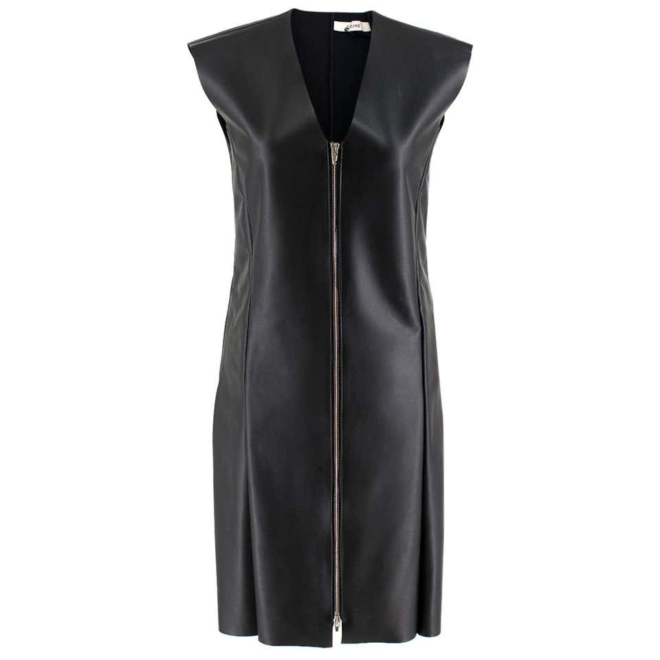 Celine Black Faux Leather Sleeveless Exposed Zip Front Dress 34 6 Uk