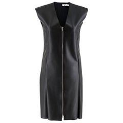 CELINE black FAUX LEATHER ZIP FRONT Cap Sleeve Shift Dress 34 XXS