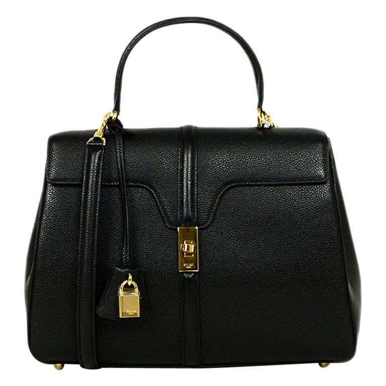 Celine Black Grained Calfskin Leather Medium 16 Top Handle Bag 