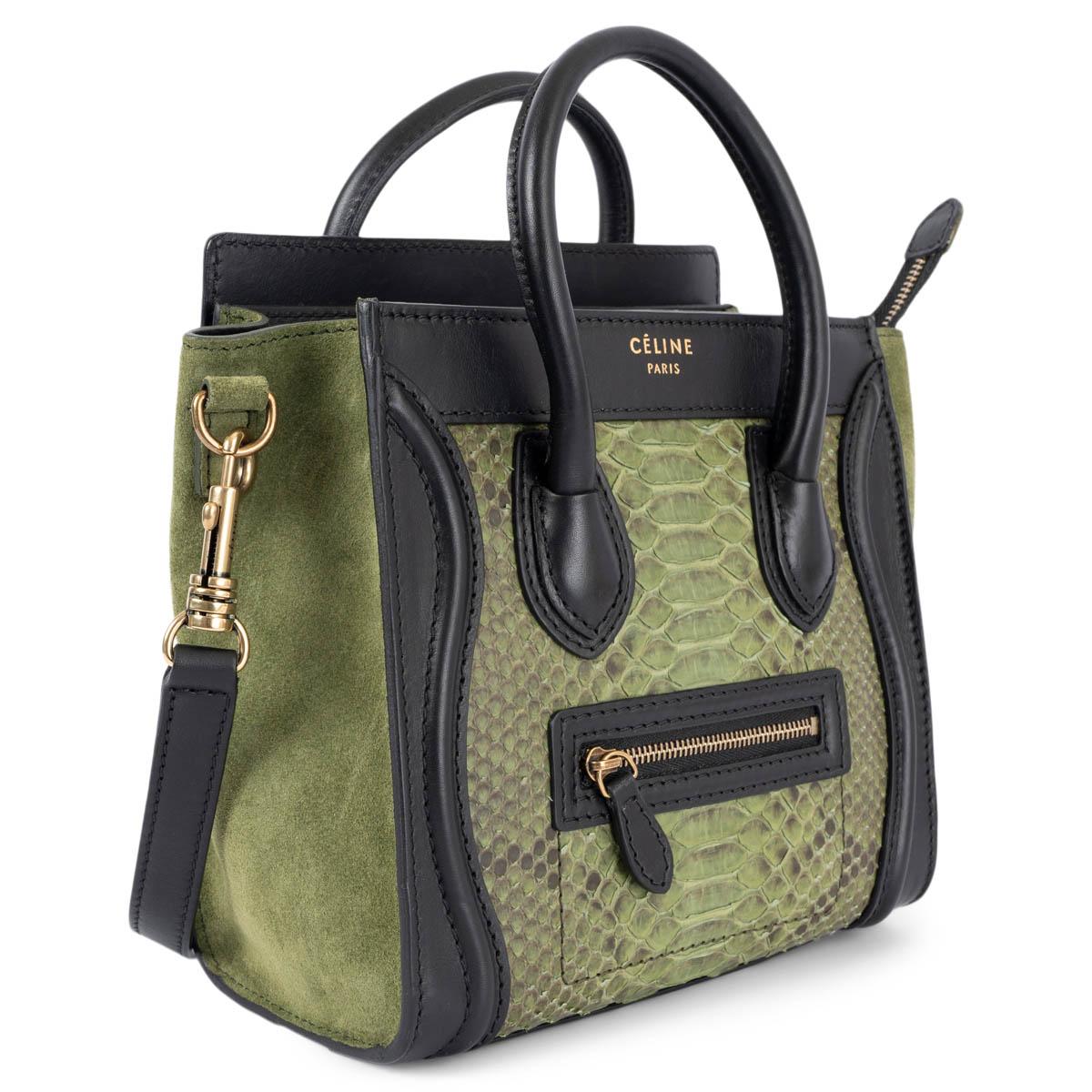 100% authentic Céline Nano Luggage in green pytohn, sude and black calfskin. The design features gold-tone hardware, opens with a zipper on top and is lined in black leather with one flat pocket against the back and a small zip pocket on the front.