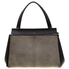 Celine - Sac à bord moyen en cuir de veau et poils de veau noir/gris