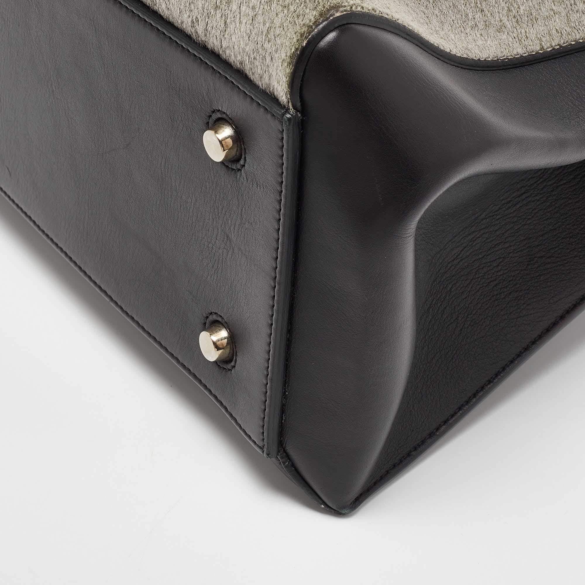 Celine Black/Grey Leather and Calf Hair Medium Edge Top Handle Bag For Sale 6