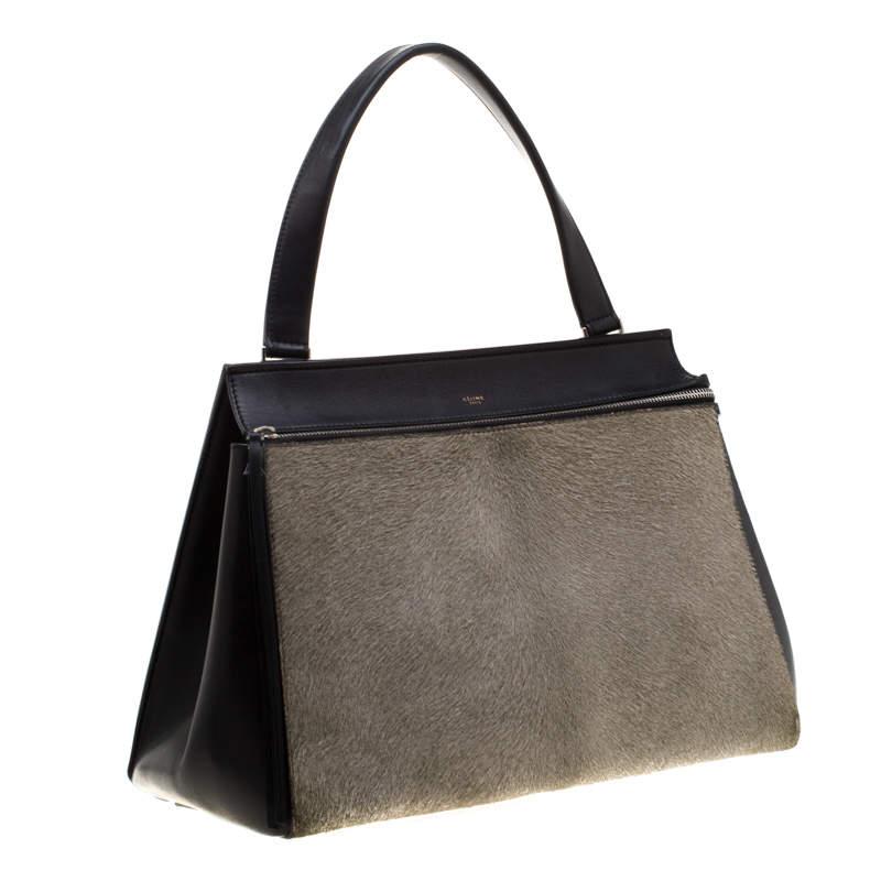 Celine Black/Grey Leather and Calf Hair Medium Edge Top Handle Bag In Good Condition For Sale In Dubai, Al Qouz 2