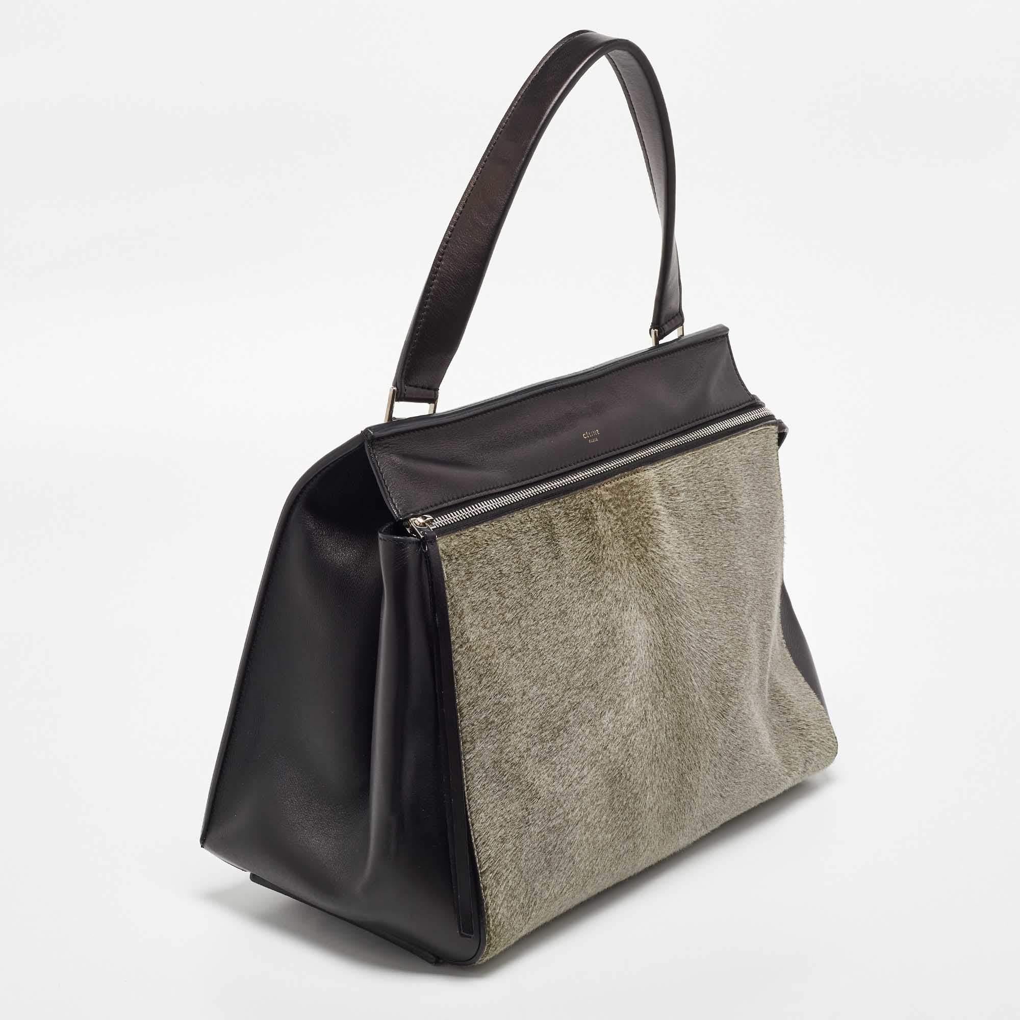 Celine Black/Grey Leather and Calf Hair Medium Edge Top Handle Bag In Good Condition For Sale In Dubai, Al Qouz 2