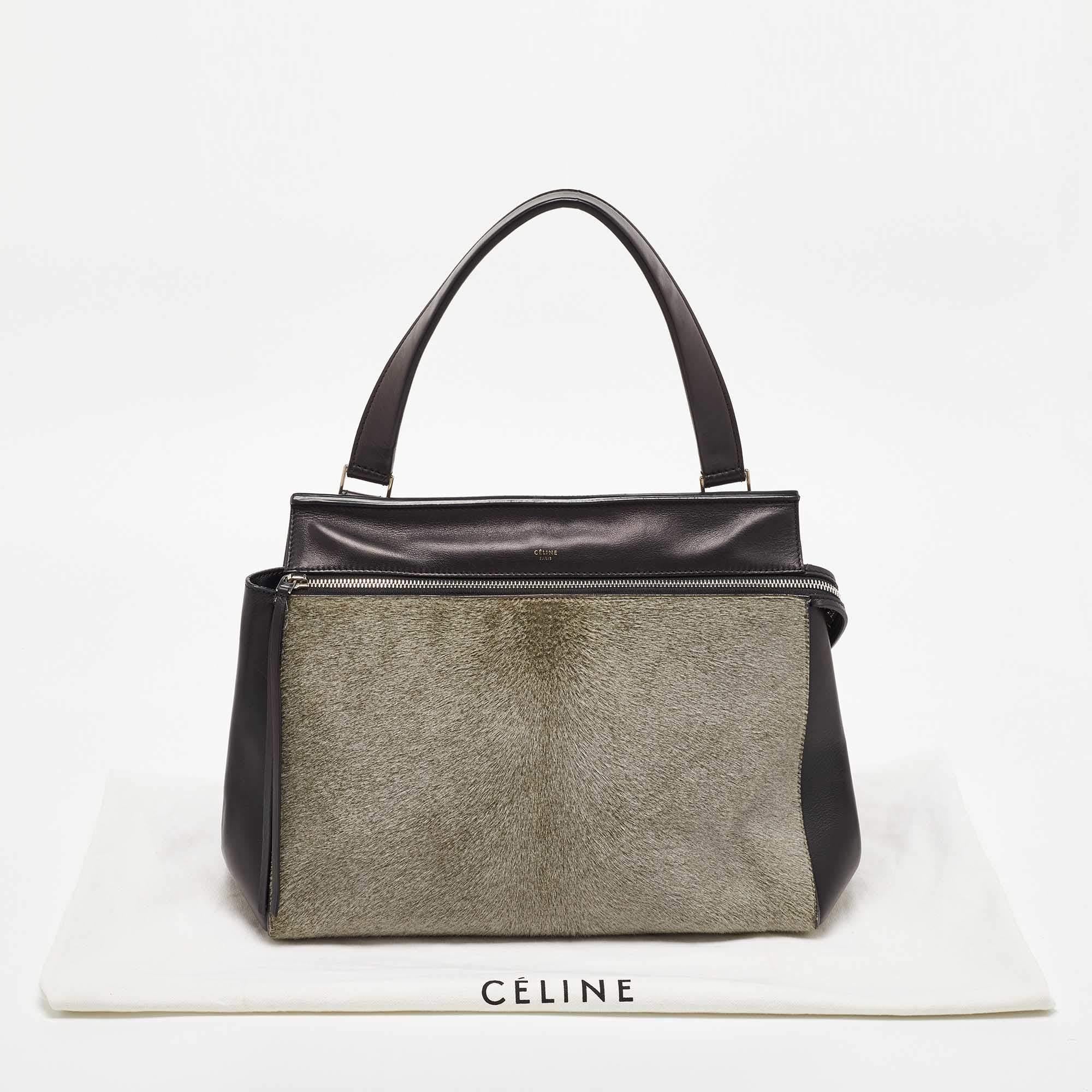 Celine Black/Grey Leather and Calf Hair Medium Edge Top Handle Bag For Sale 3