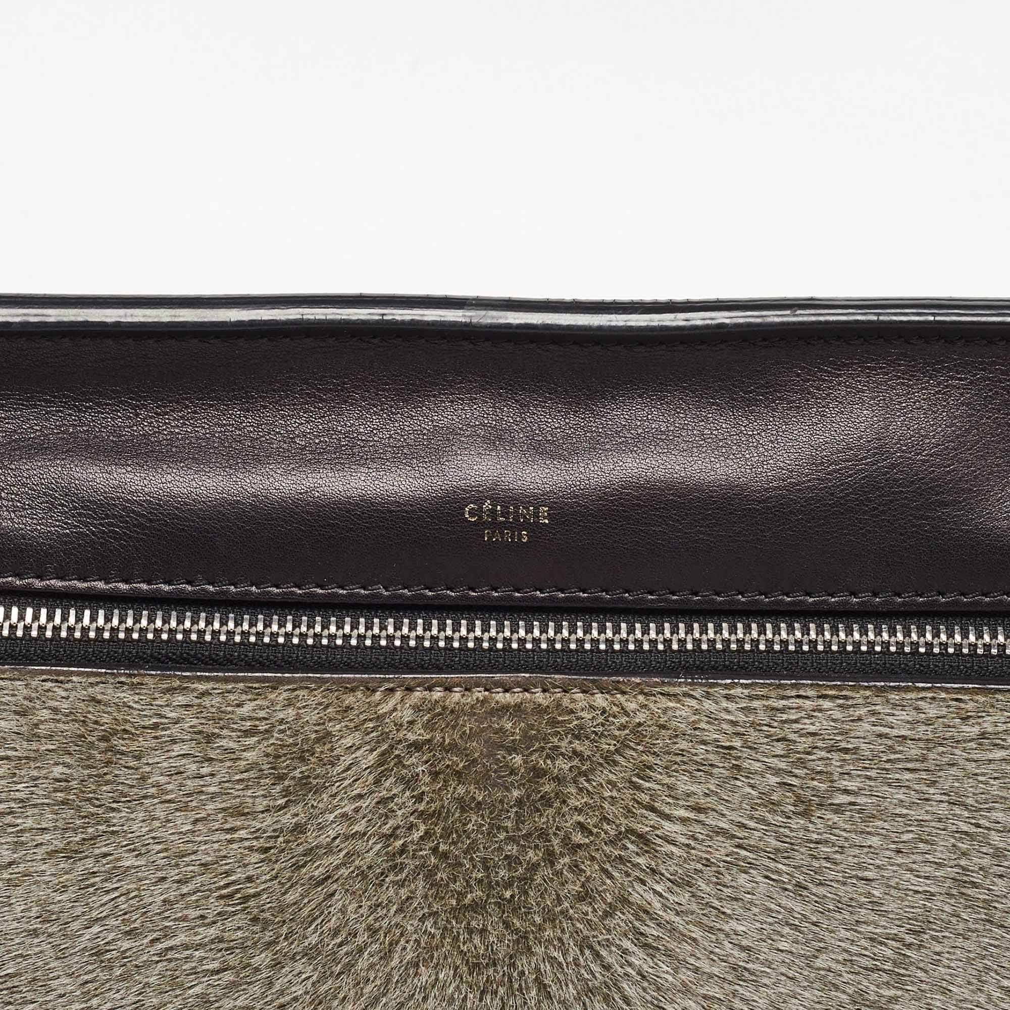 Celine Black/Grey Leather and Calf Hair Medium Edge Top Handle Bag For Sale 4