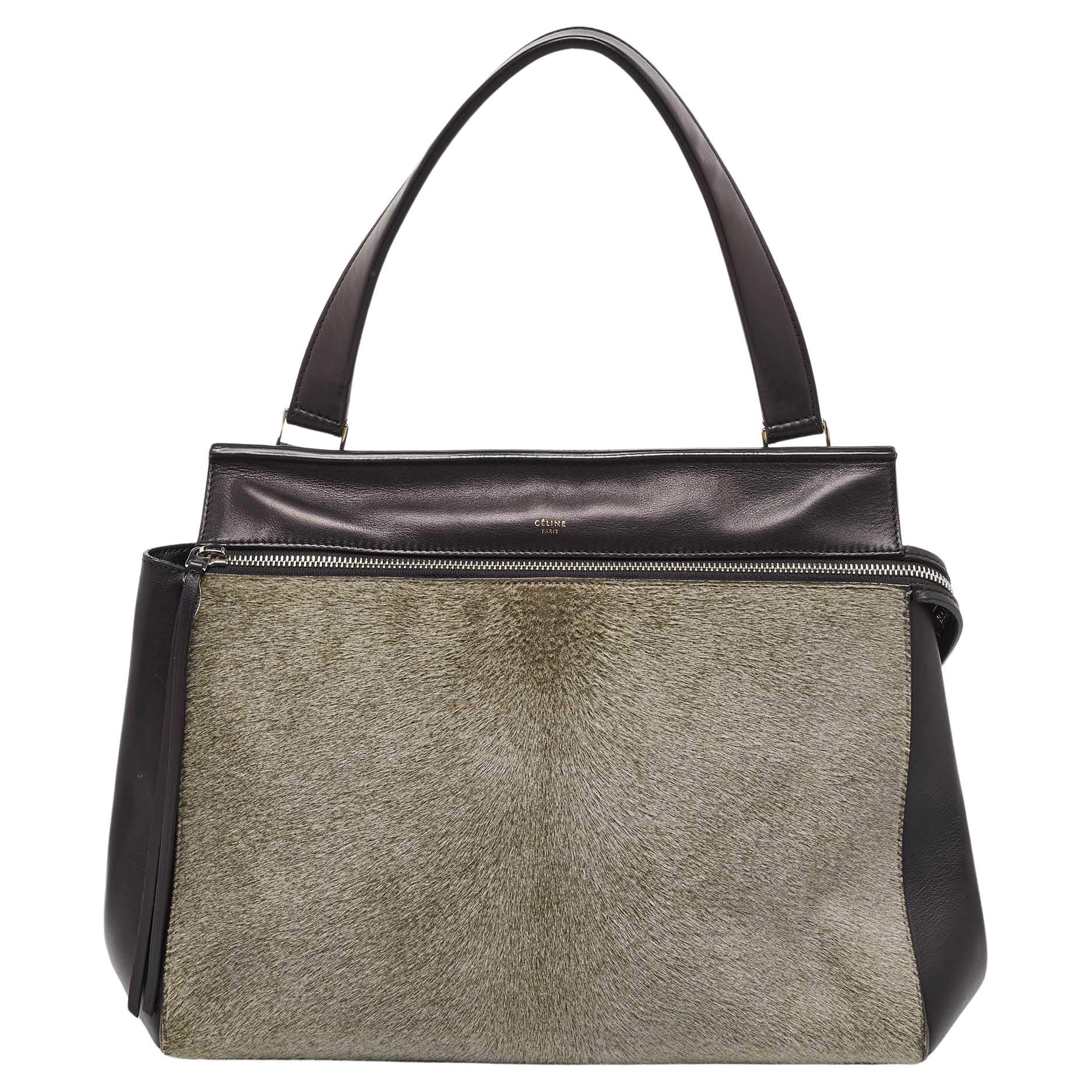 Celine Black/Grey Leather and Calf Hair Medium Edge Top Handle Bag For Sale