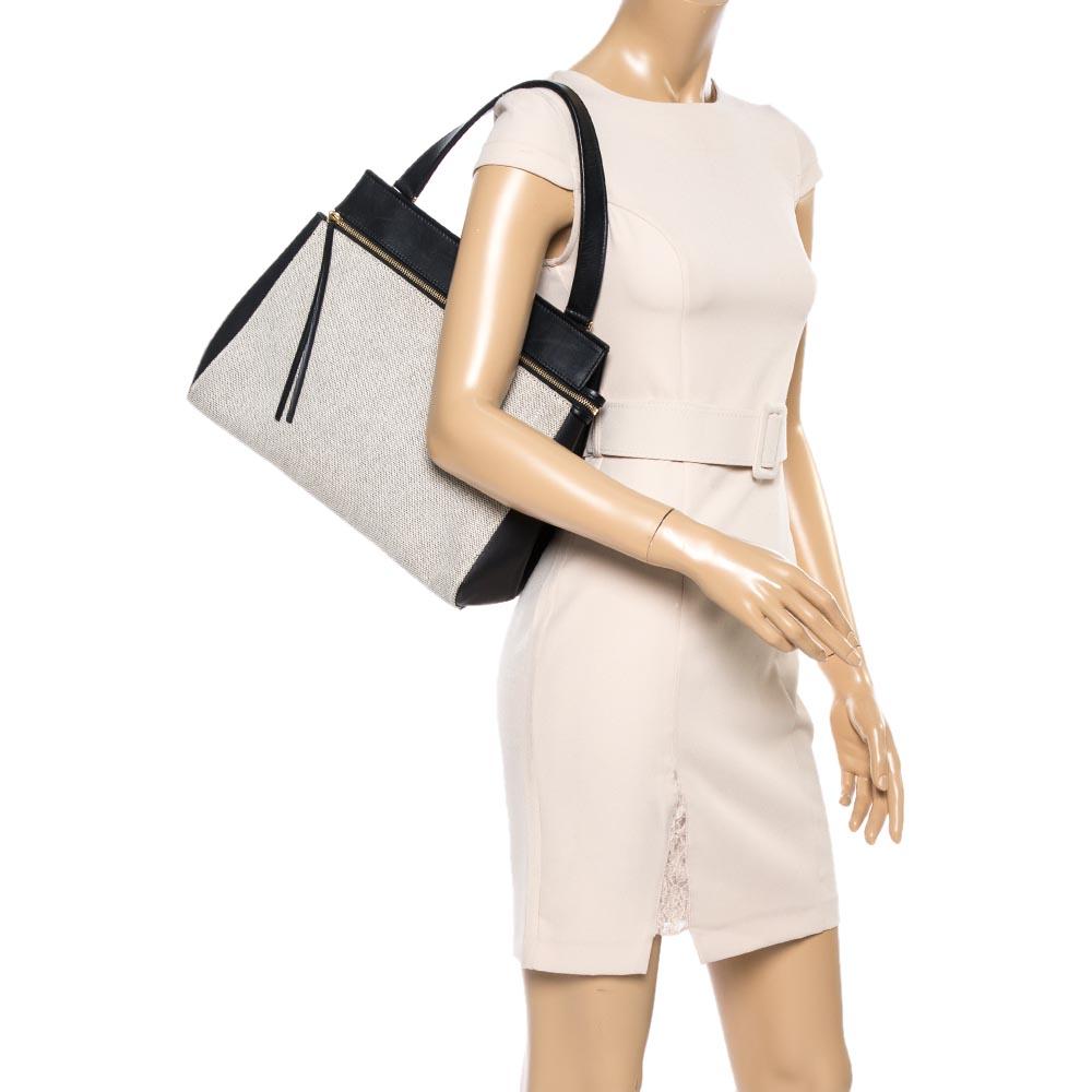 Gray Celine Black/Ivory Leather and Canvas Medium Edge Bag