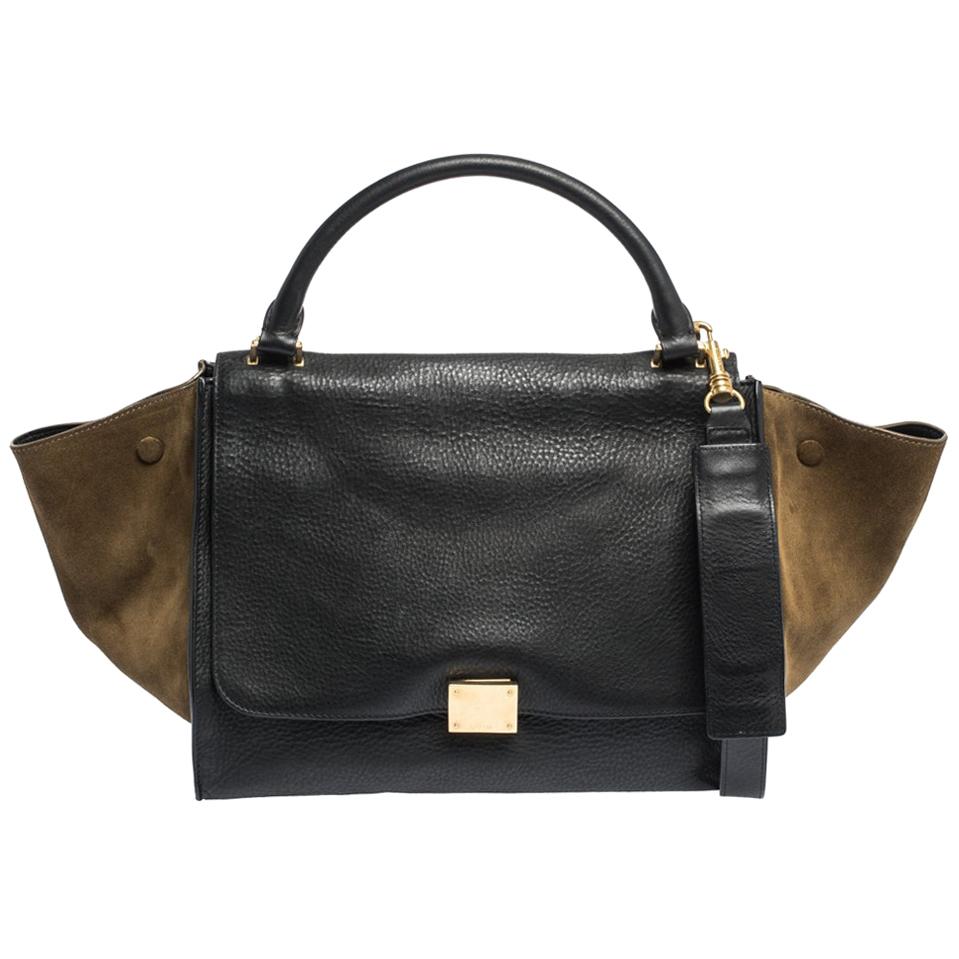 Celine Black/Khaki Leather and Suede Medium Trapeze Bag