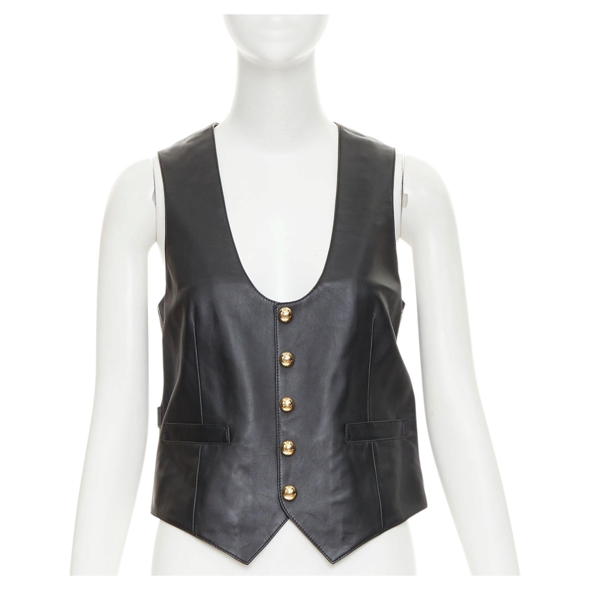 CELINE black lambskin leather gold Triomphe button waistcoat vest FR36 S For Sale