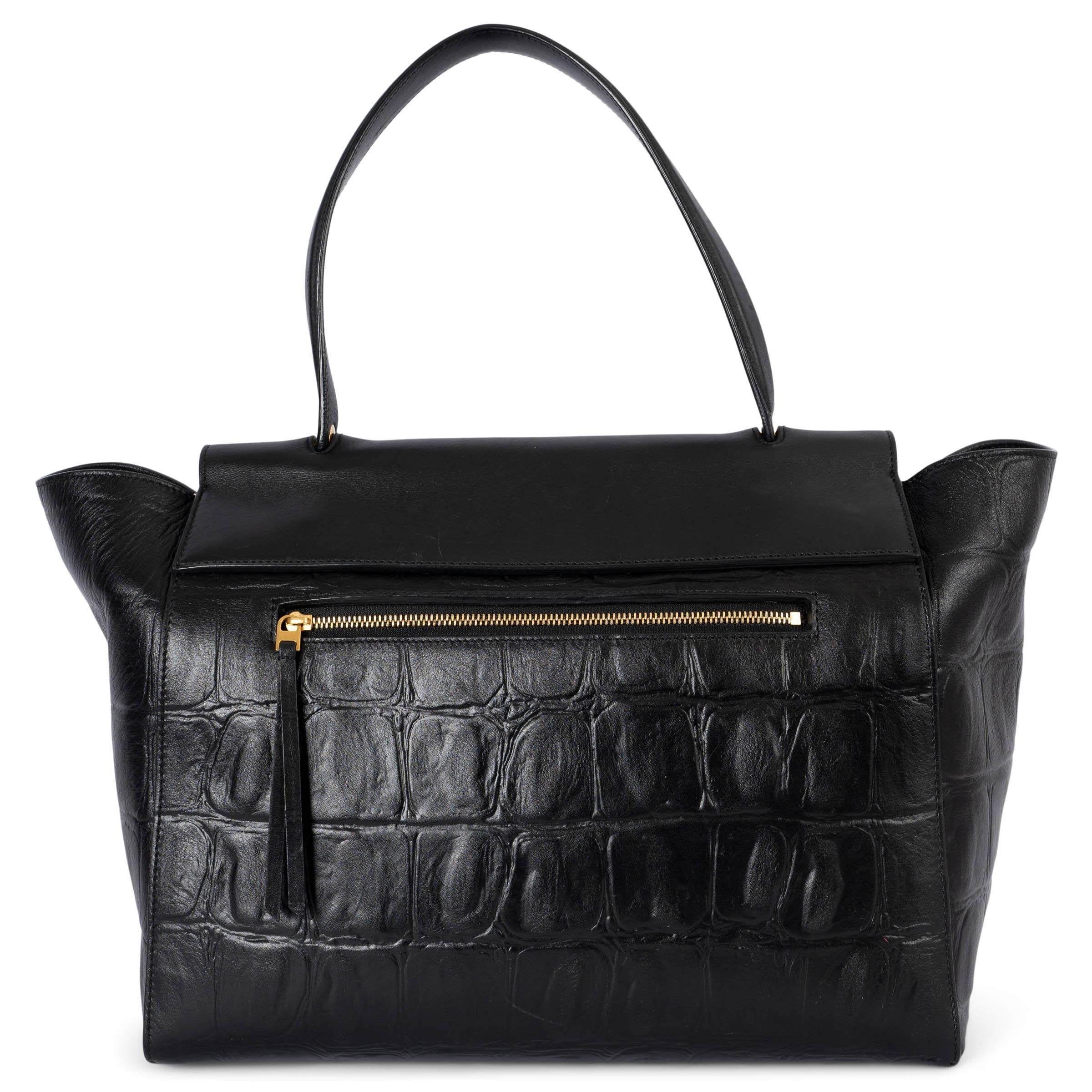 CELINE black leather 2015 CROC EMBOSSED SMALL BELT Bag In Fair Condition For Sale In Zürich, CH