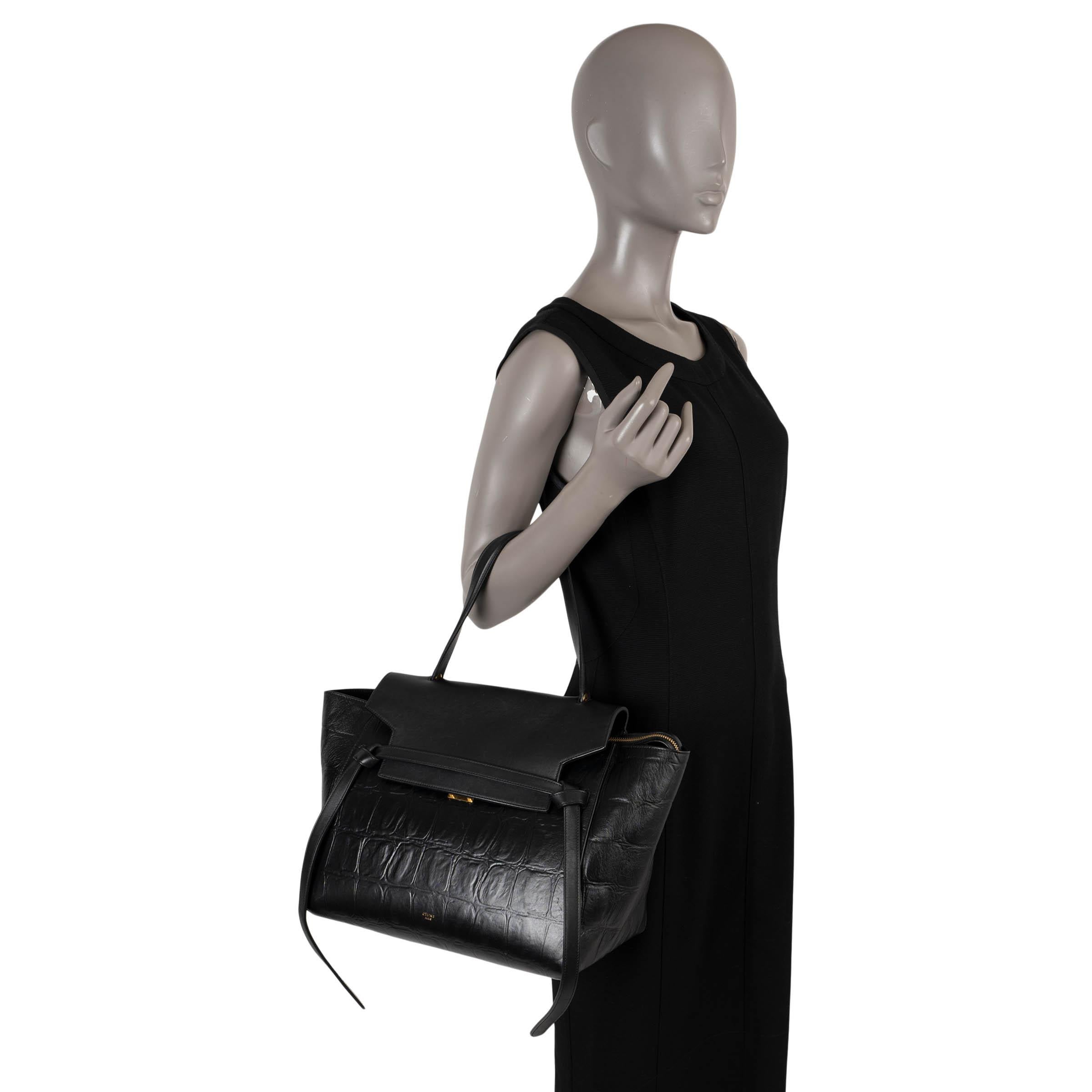 CELINE black leather 2015 CROC EMBOSSED SMALL BELT Bag For Sale 4