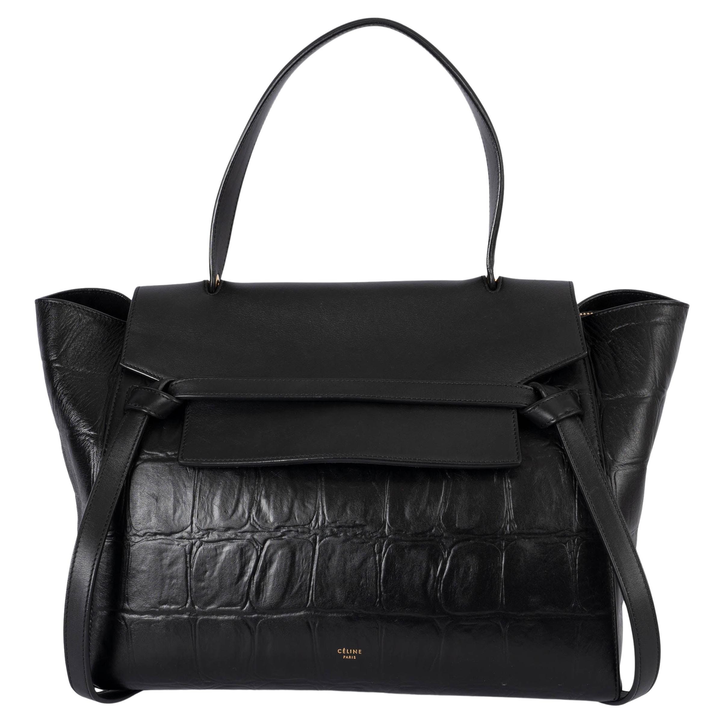 CELINE black leather 2015 CROC EMBOSSED SMALL BELT Bag For Sale