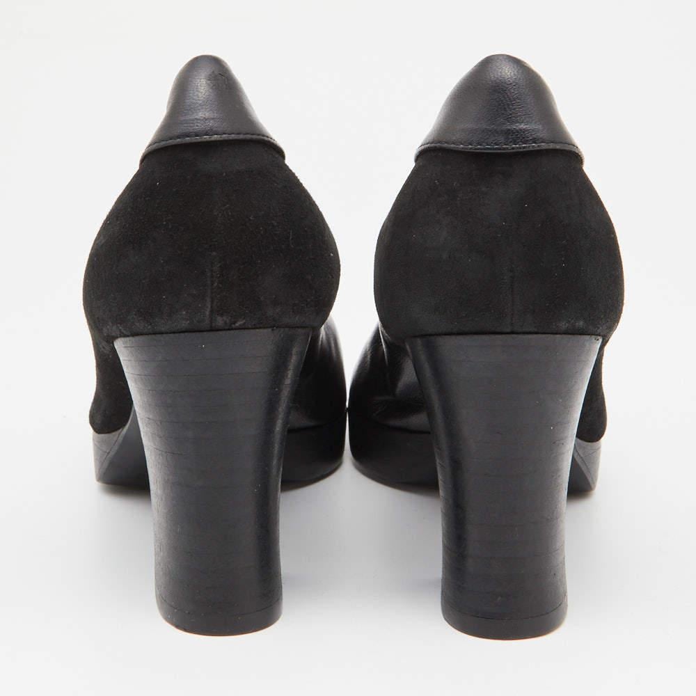 Escarpins à talon bloc en cuir et daim noir de Celine Taille 35.5 Pour femmes en vente