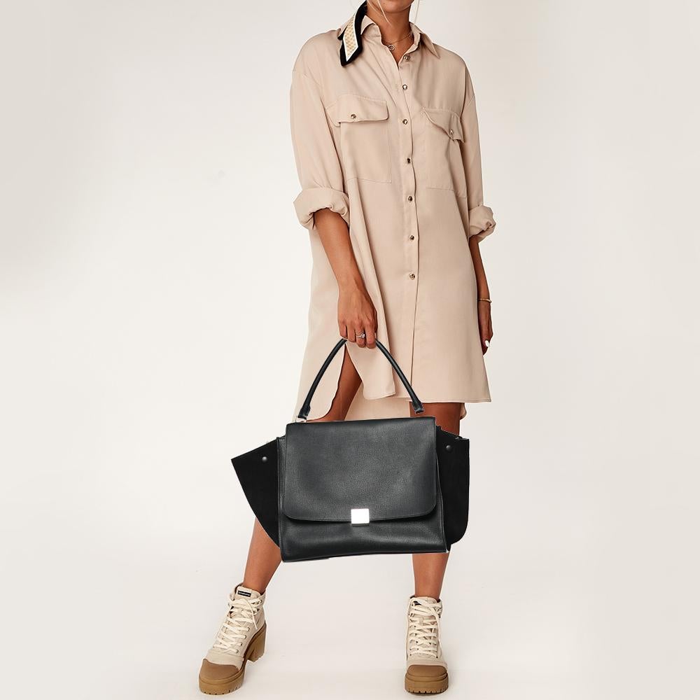 Celine Black Leather and Suede Large Trapeze Top Handle Bag In Excellent Condition In Dubai, Al Qouz 2