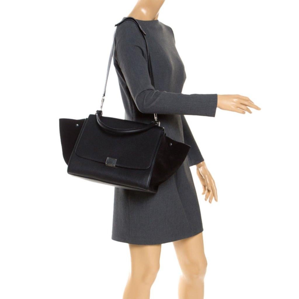 Celine Black Leather and Suede Small Trapeze Bag In Excellent Condition In Dubai, Al Qouz 2