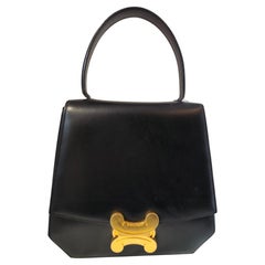 Celine Vintage Black Leather Blazon Triomphe Handle Bag, Unisex, 1990s