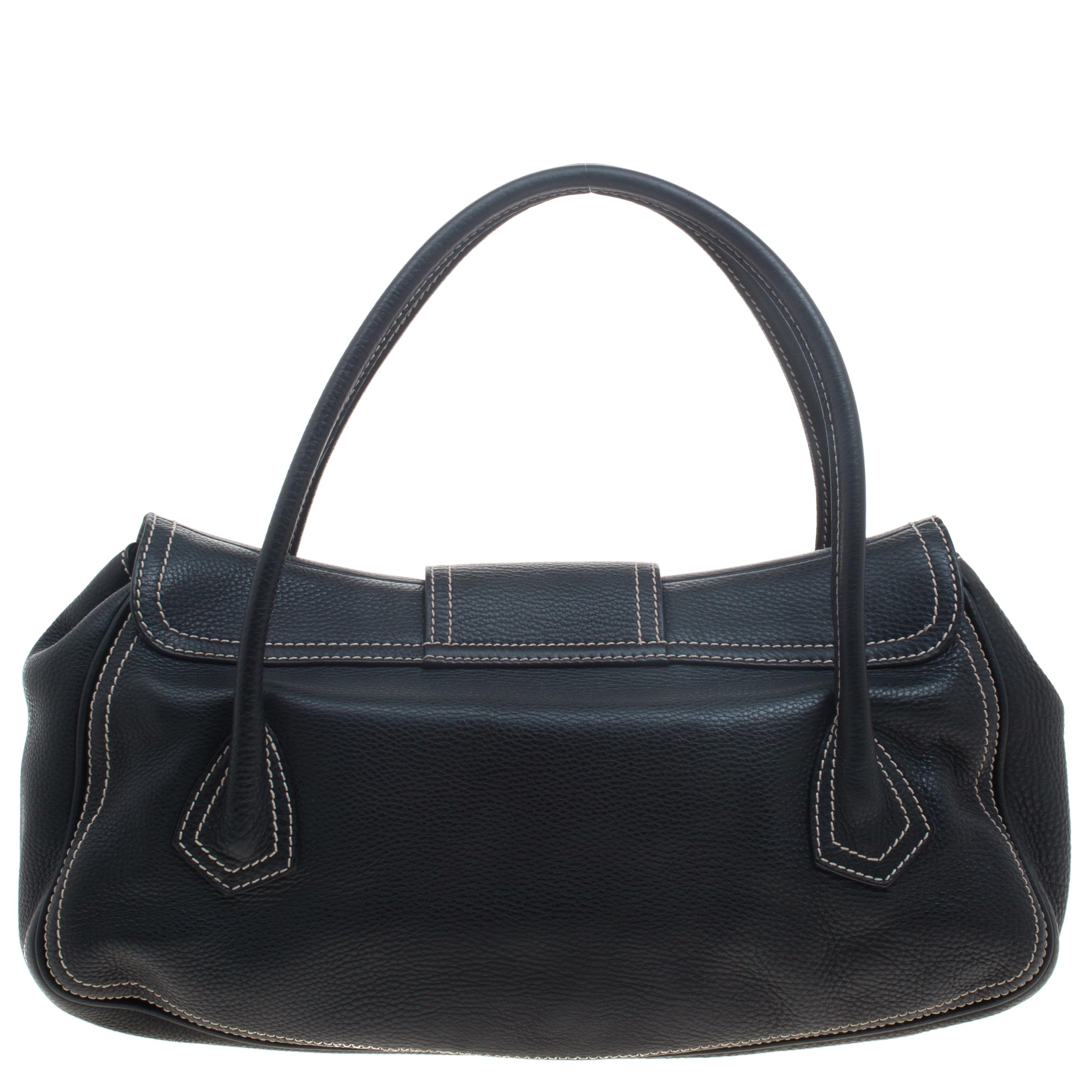 Women's Celine Black Leather Buckle Satchel