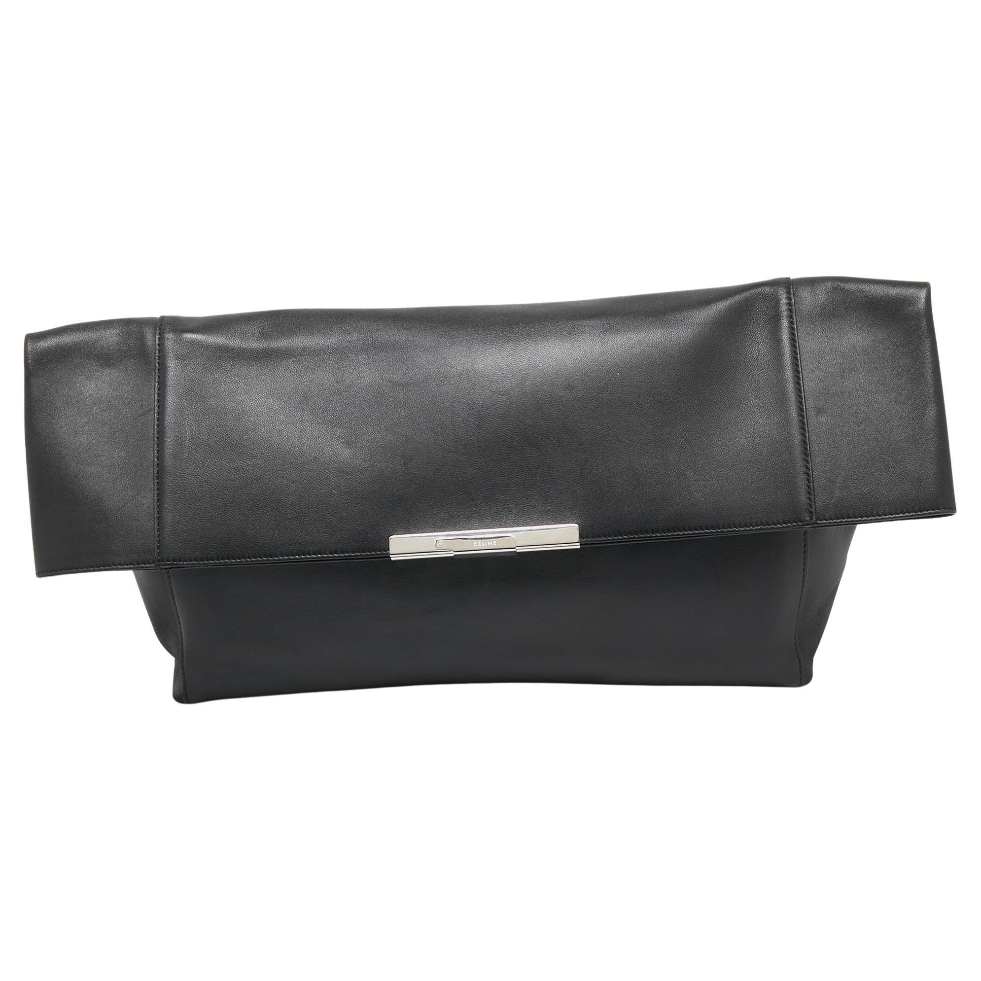 Celine Black Leather Cabas Fold Over Clutch