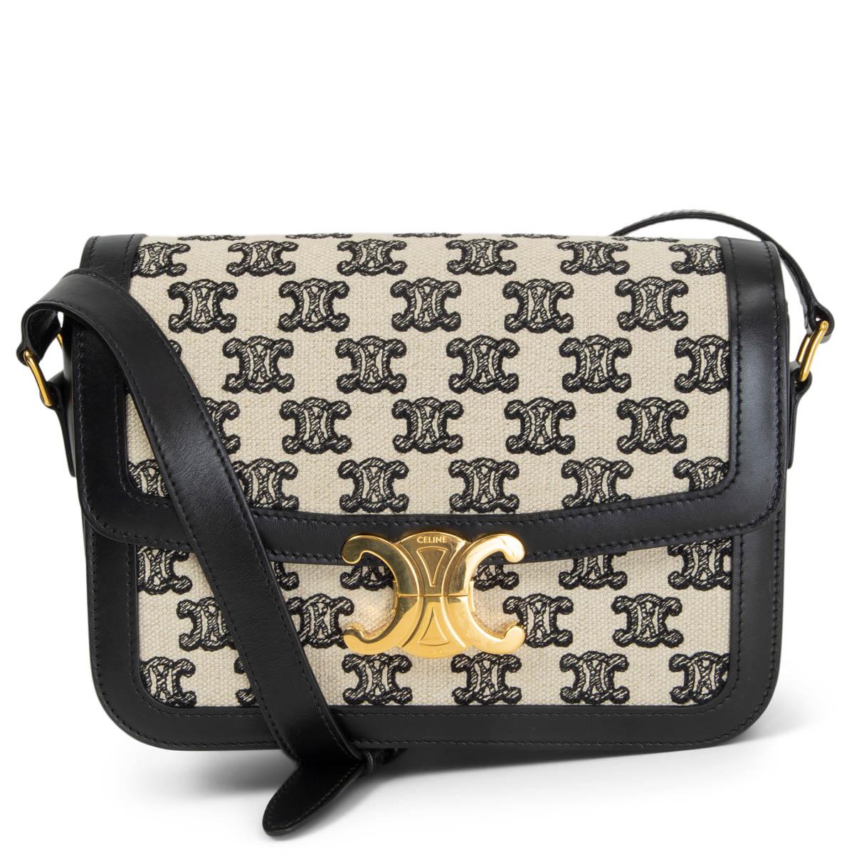 100% authentic Celine Teen Triomphe Embroidery Shoulder Bag in off-white canvas and calfskin leather trimming and shoulder-strap. Triomphe gold-tone metallic closure that leads do a black lambskin interior. Bag has three inner compartments with one