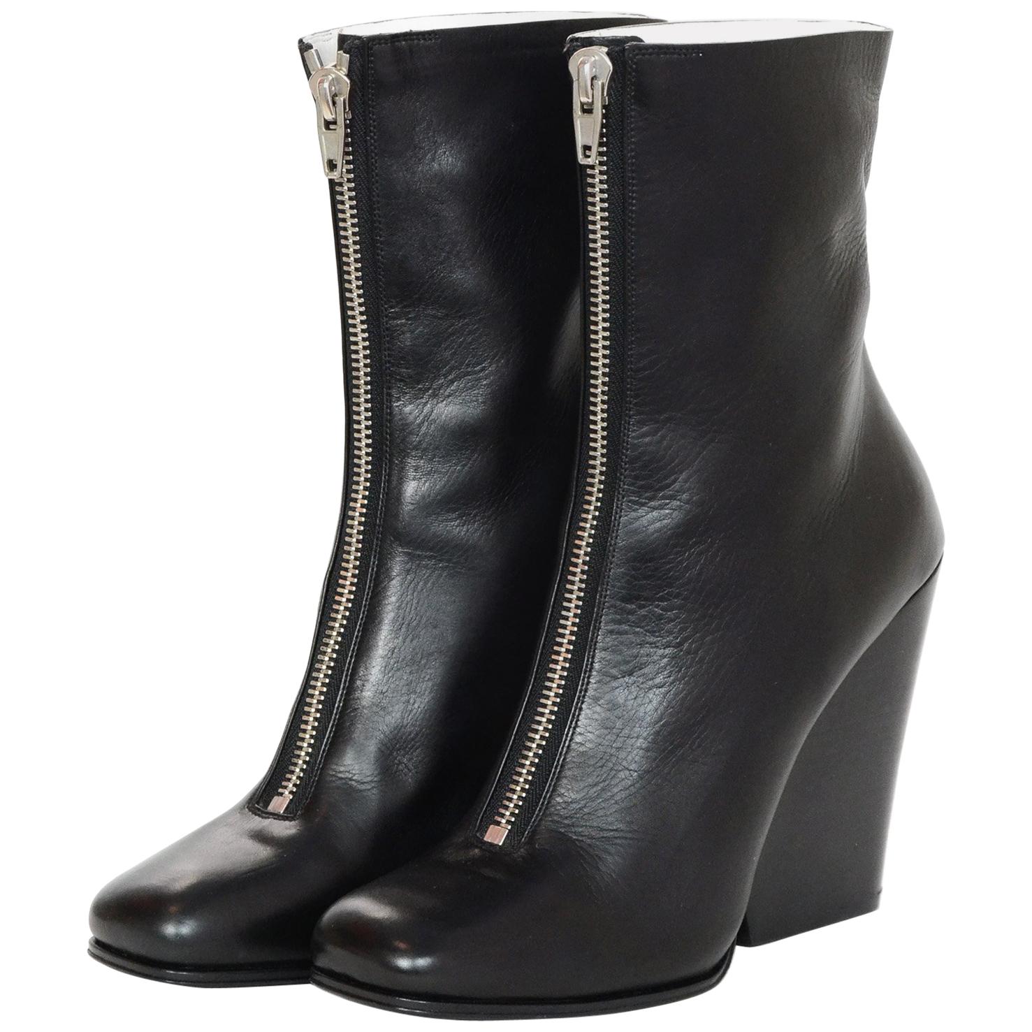 Celine Black Leather Front Zipper Wedge Boots Sz 40.5