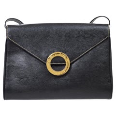 CELINE Black Leather Gold 'CELINE PARIS' Charm Buckle Crossbody Shoulder Bag