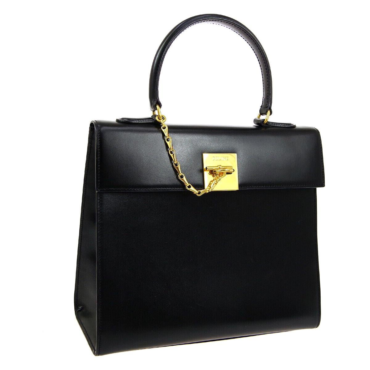 Celine Black Leather Gold Evening Kelly Top Handle Satchel Shoulder Flap Bag