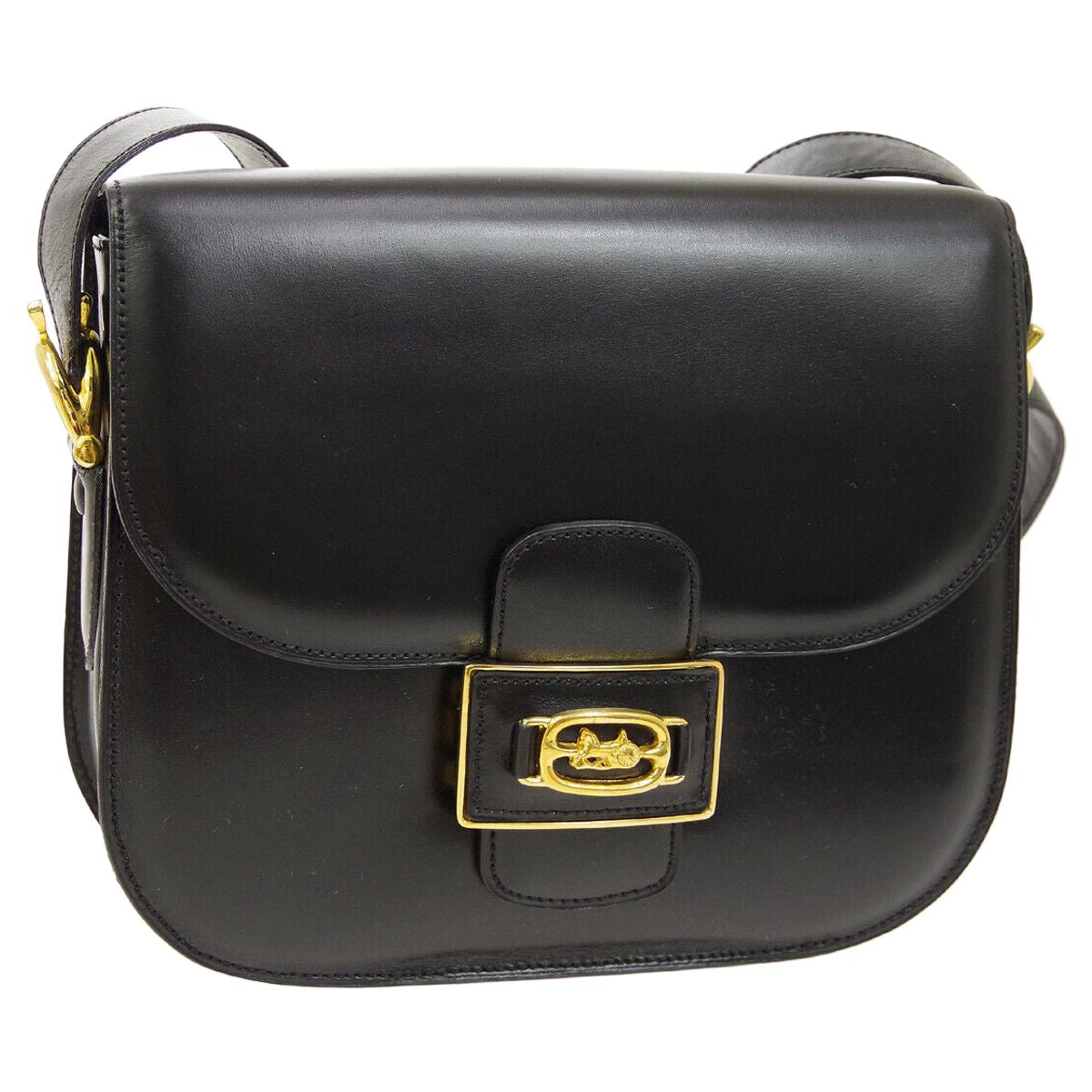 Celine Black Leather Gold Horse Emblem Saddle Shoulder Flap Bag For
