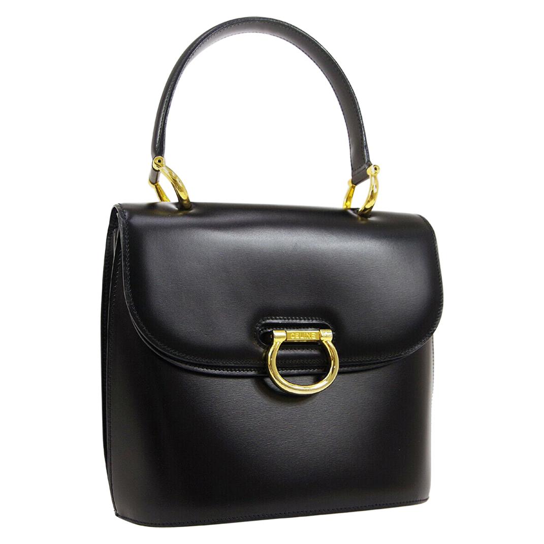 Celine Black Leather Gold Toggle Kelly Top Handle Satchel Flap Tote Bag