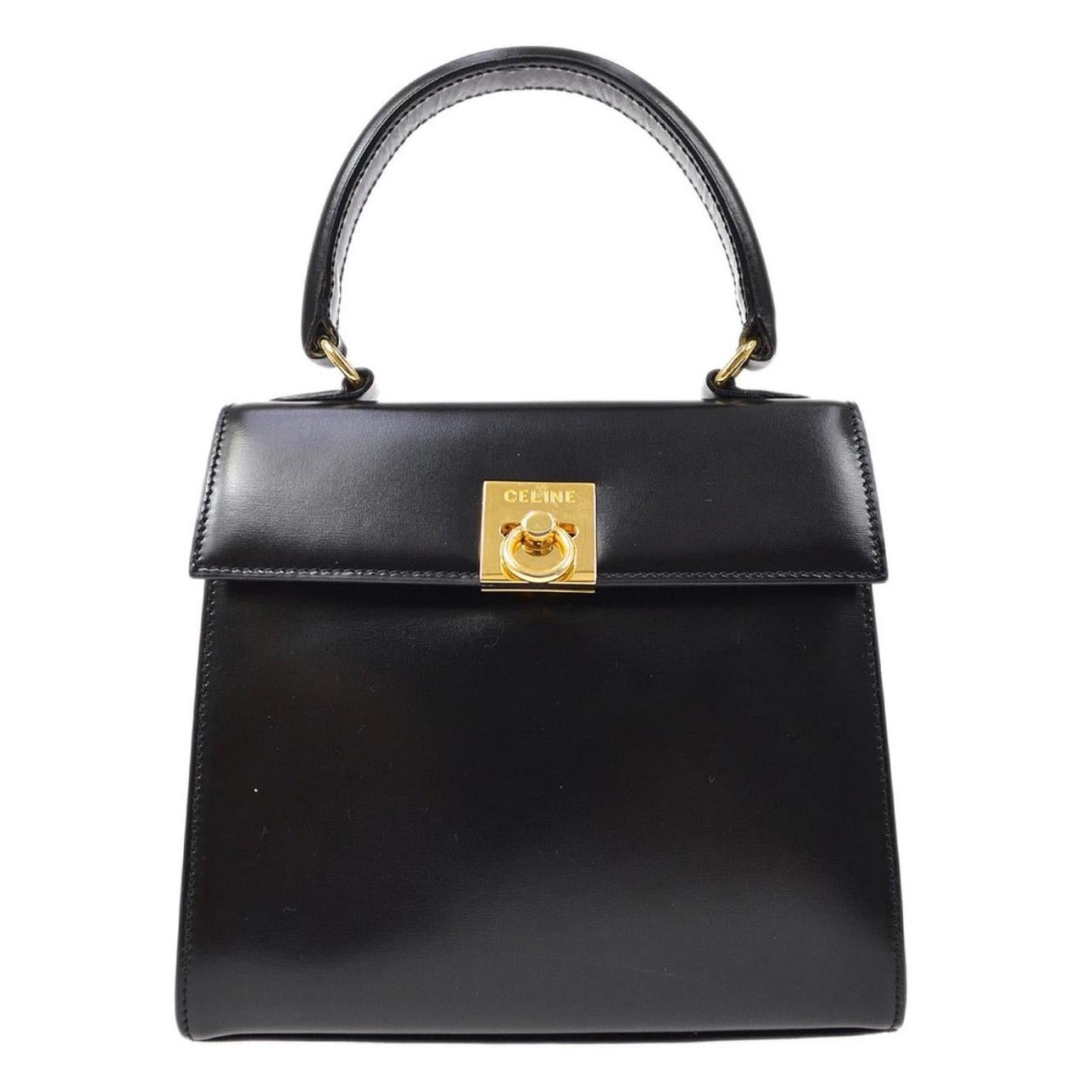 Celine Black Leather Gold Toggle Small Mini Top Handle Kelly Flap Shoulder Bag