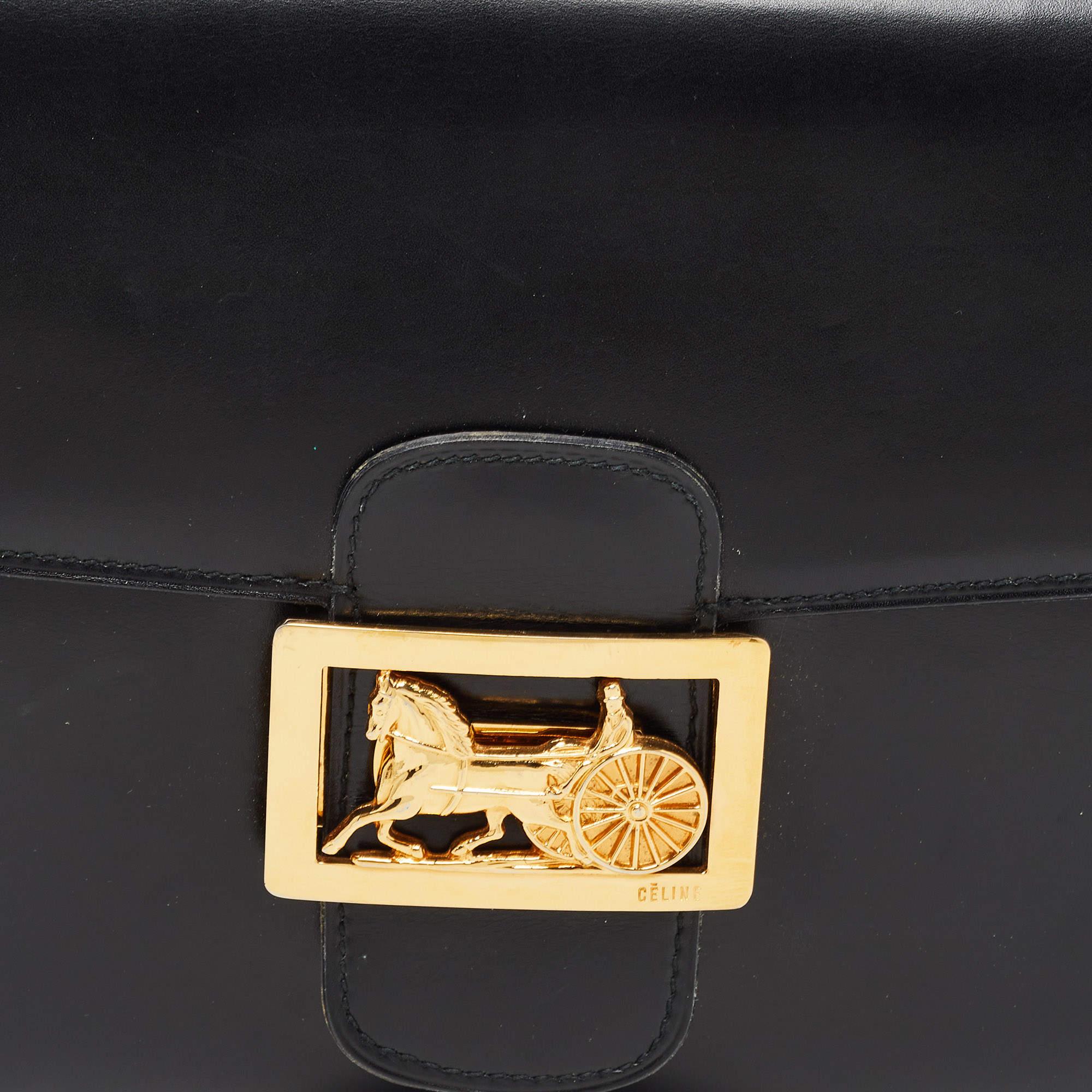 Celine Black Leather Horse Carriage Logo Shoulder Bag 1