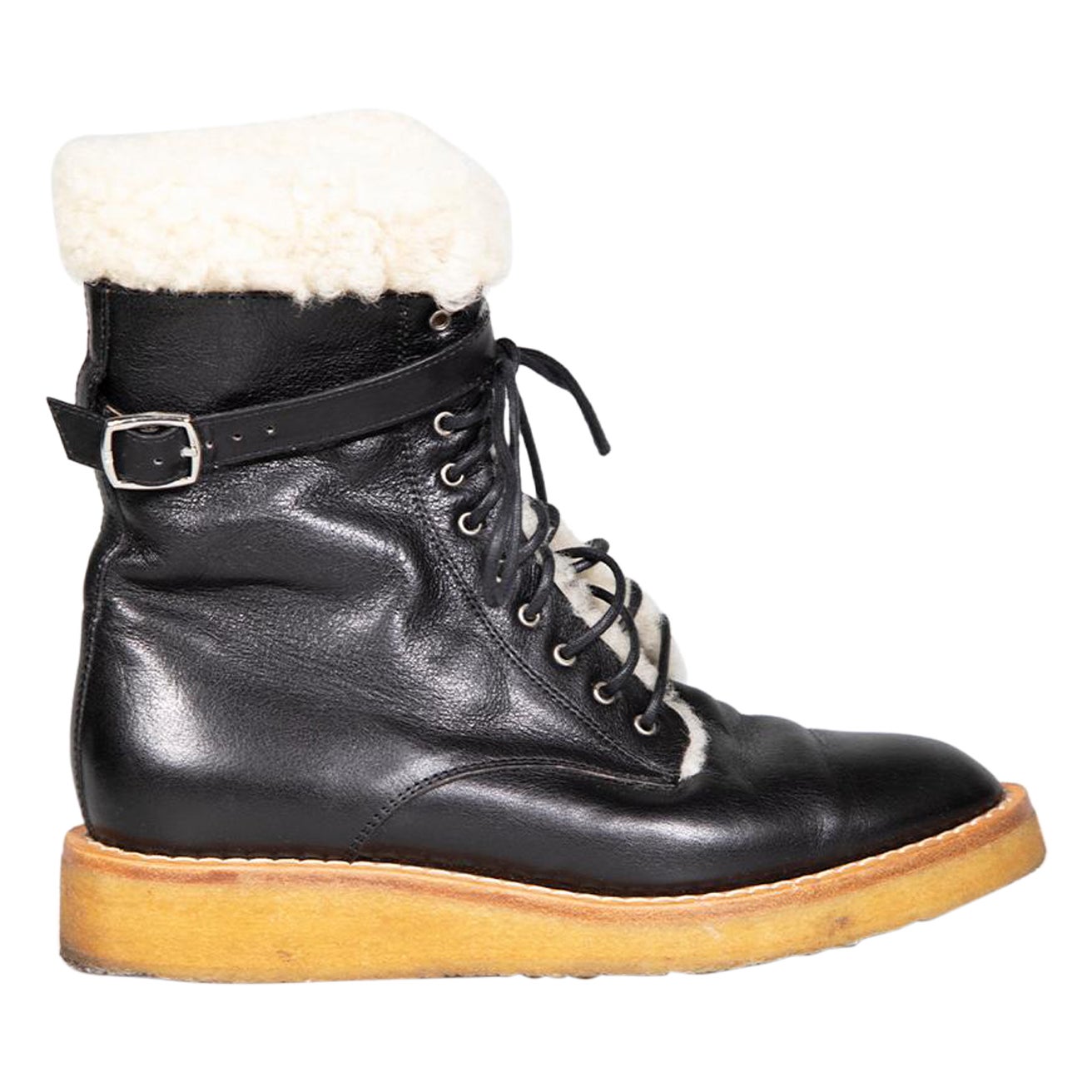 Céline Black Leather Manon Shearling Biker Boots Size IT 36 For Sale