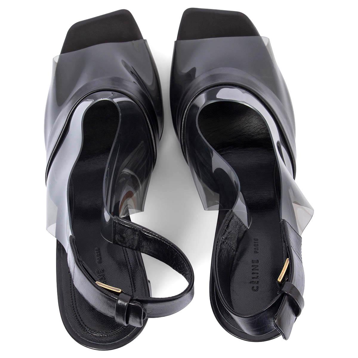 Women's CELINE black leather & PVC Slingback Peep-Toe Sandals Shoes 39.5 For Sale