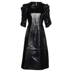 Celine Black Leather Ruched Sleeve Midi Dress S