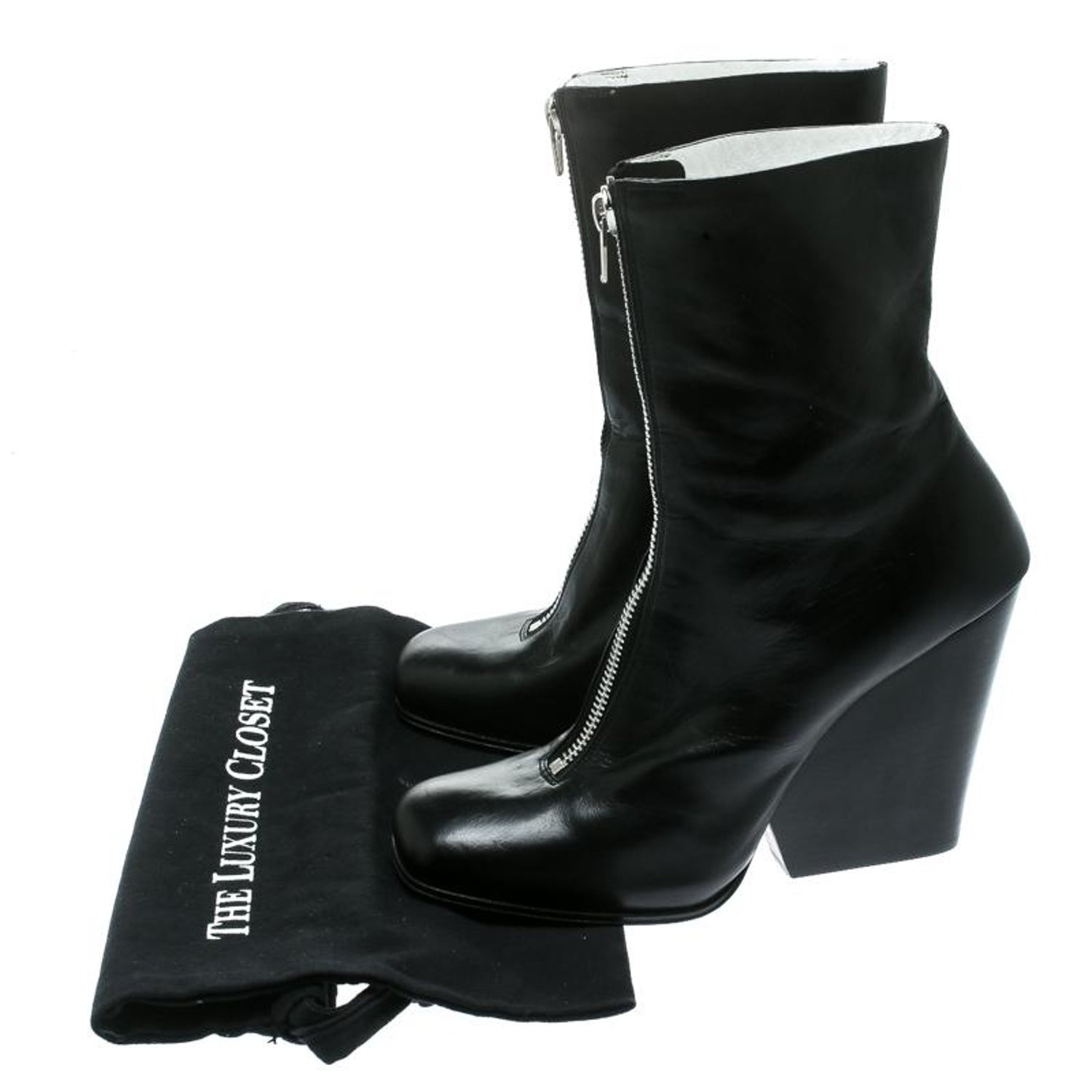 Celine Black Leather Square Toe Calf Length Boots Size 40 5 For Sale At 1stdibs