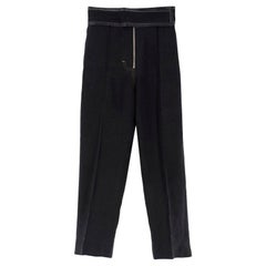 celine kids trousers Celine Black Leather Trim Velcro Belted Silk-Noil Trousers US 0-2
