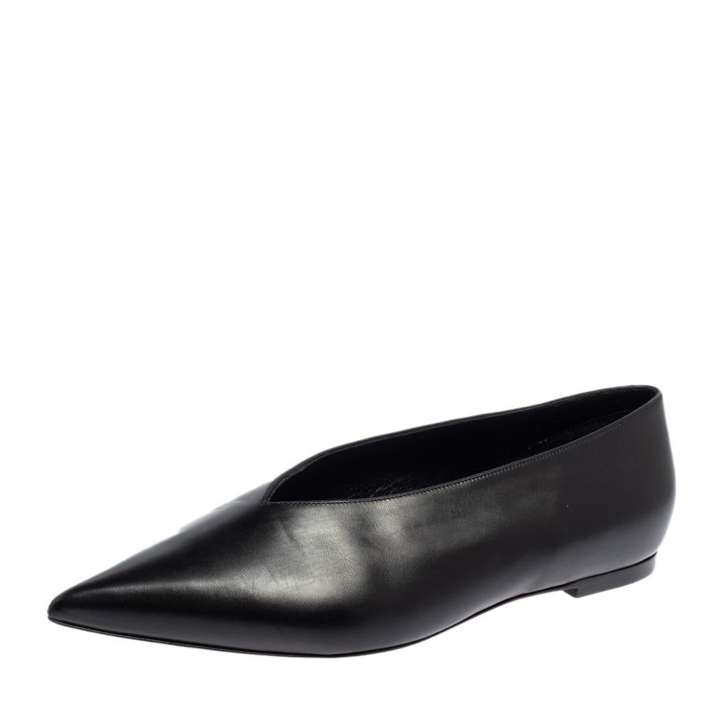 You are sure to fall head over heels in love with this pair of V Neck pumps from Celine. The exterior of these sandals has been crafted from leather and is designed with a V-shaped cut at the vamps. They feature pointed toes and leather