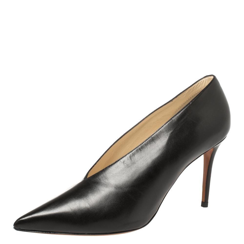 Definitely not a basic black pump! The Celine V neck pumps present a high-fashion mood effortlessly. Crafted in Italy, they are made from quality leather and come in a shade of black. They are styled with pointed toes, neat stitching, and 9.5 cm